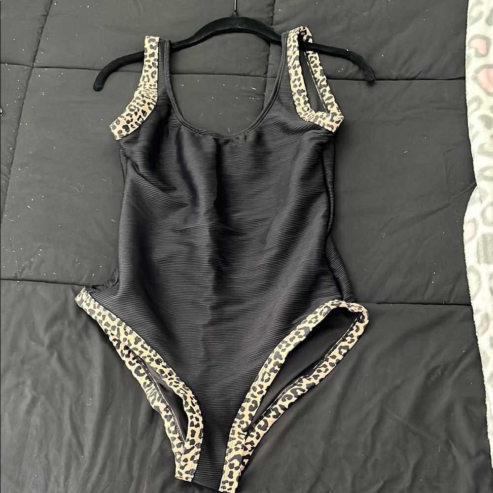 Black Swimsuit with Leopard Trim
